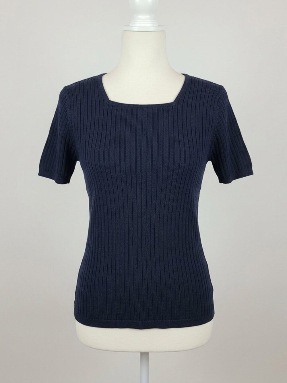 Vintage Y2K City Silk Ribbed Knit Square Neck Minimalist Top Navy Blue S